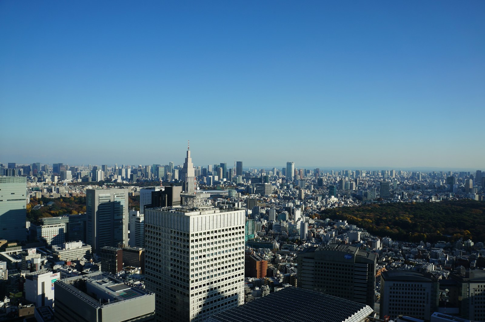 Aerial view of central Tokyo under a clear blue sky, dense high-rise districts stretching to the horizon