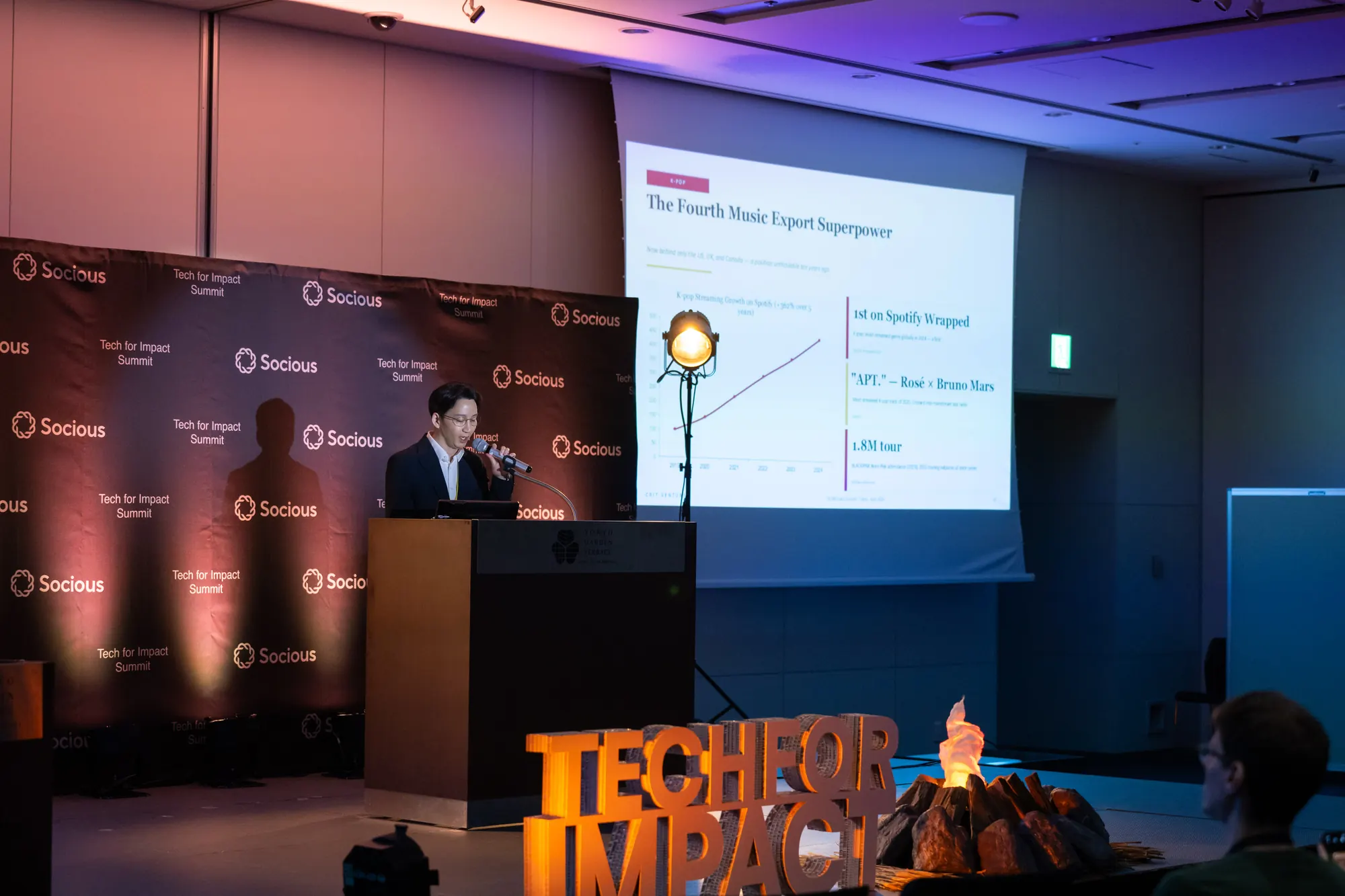 Jaejoon Song speaking about Korea’s cultural exports on the Tech for Impact Summit 2026 stage